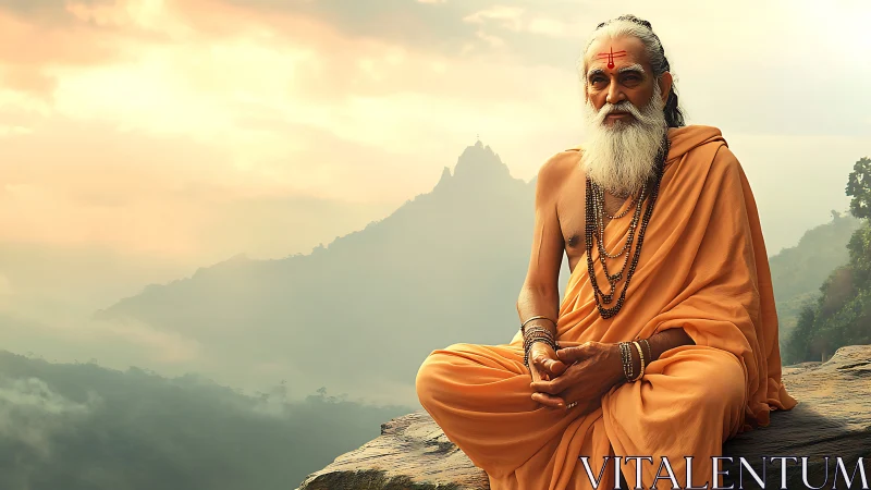 Serene orange-robed sage in misty mountain sunrise meditation.