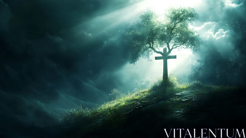 Tree and wooden cross stand on illuminated hillside under clouds