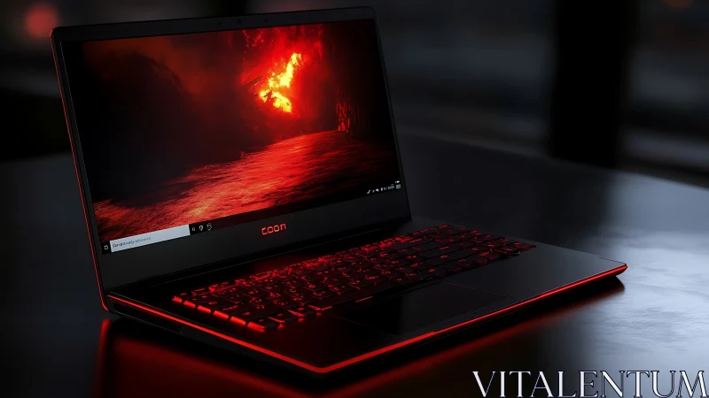 Midnight gaming laptop blazing with molten crimson light.