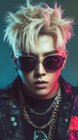 Neon-lit cyberpunk portrait of a stylish man in sunglasses