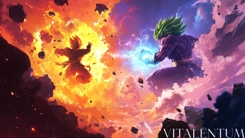 High-energy anime duel with opposing elemental energy auras