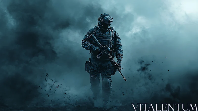 Lone tactical soldier advances through swirling battlefield smoke