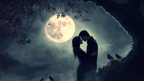 Lovers Silhouetted Under Moonlight in Cave.