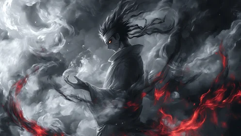 Dark robed figure amid swirling smoke and red energy.