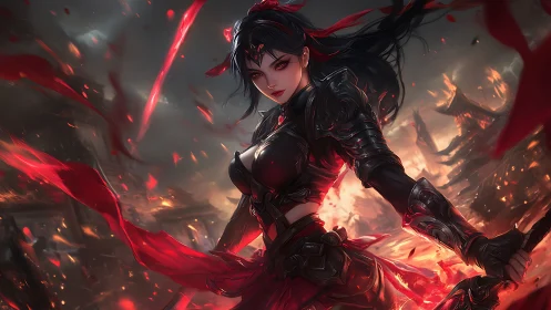Firelit warrior heroine wrapped in swirling crimson energy.