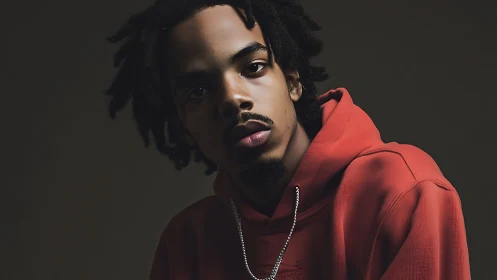 Moody studio portrait with directional key light and hoodie.