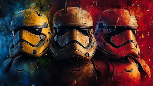 Trio of armored helmets ignite against vibrant split colors.