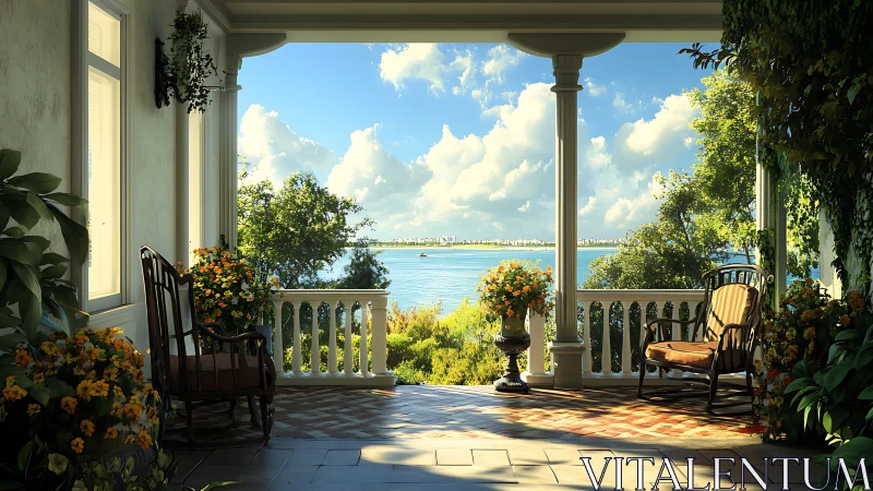 Sunlit veranda overlooks tranquil blue bay in late afternoon