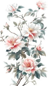 Delicate Pink and White Peonies with Verdant Foliage in Botanical Watercolor