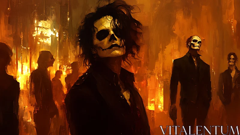 Skeleton-masked figures stand in fiery orange urban haze