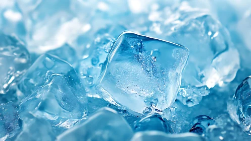 Macro view of translucent blue ice cubes in close arrangement.