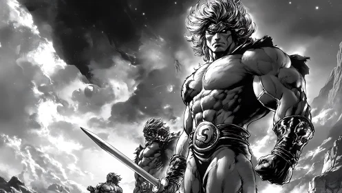 Cosmic sword titan strides beneath storm-torn galaxies.