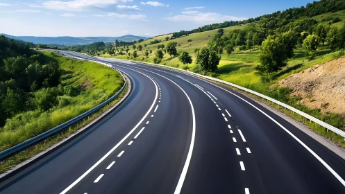 Curving multi lane highway through green countryside landscape.