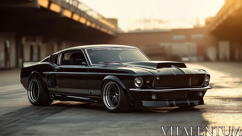 Restomod fastback muscle car under warm industrial sunset light.