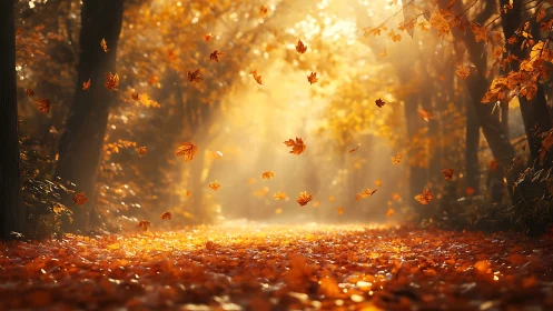 Forest pathway with volumetric light rays and falling autumn foliage particles