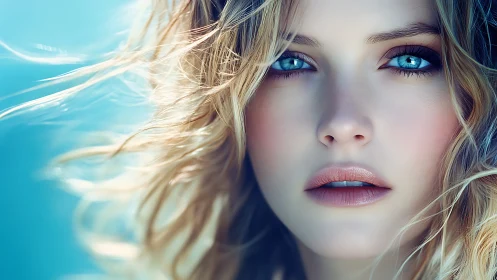 Hyperreal close-up portrait with teal eyes and soft bokeh glow