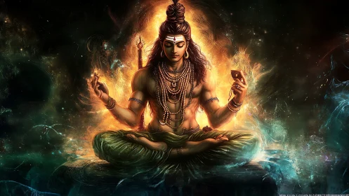 Shiva figure sits cross-legged in glowing digital environment