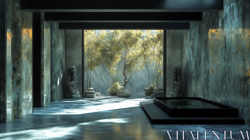 Minimalist Pavilion with Golden Foliage and Reflecting Water.