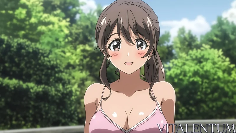 Smiling anime girl in pink swimsuit under summer sun.