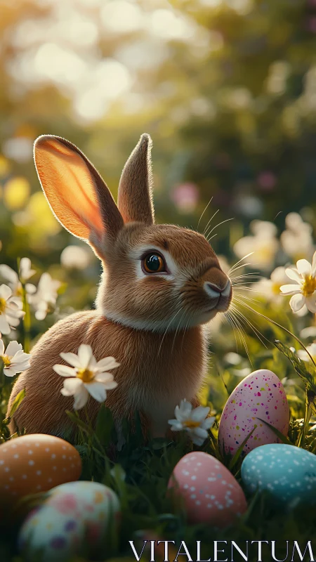 Sunlit bunny guardian among speckled springtime eggs.