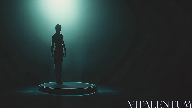 Isolated human figure on luminous circular sci-fi platform.