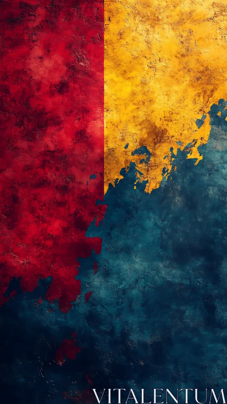 Bold tricolor abstraction blends textured blocks of color.