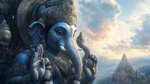 Gentle blue deity beside sunrise temple landscape dreamscape.