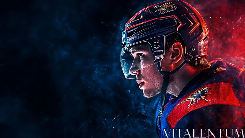 Hockey player profile under split red blue arena light.