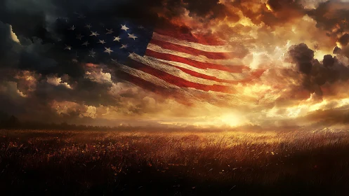 American flag glows across a storm-lit prairie sky at dusk.