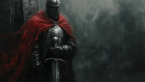 Silent iron guardian wrapped in storm-torn crimson cloth.