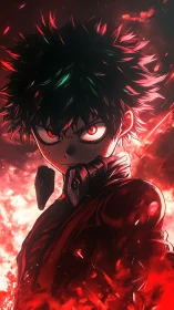Intense anime hero portrait framed by dynamic red energy glow