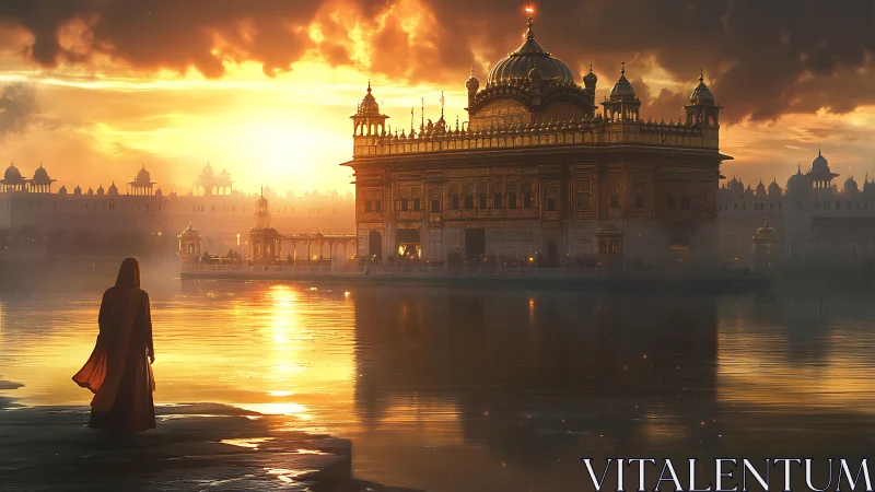 Sunlit temple reflection unites monumental architecture and mist