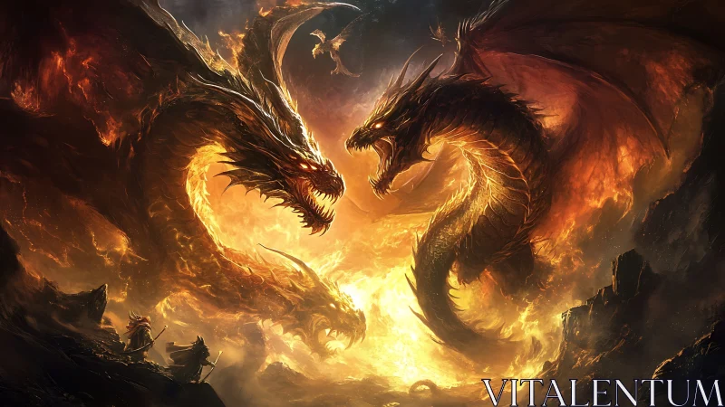Twin fire dragons collide above molten battlefield inferno.