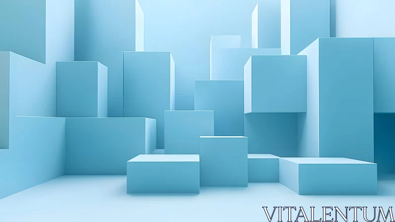 Soft blue geometric cityscape of calm floating cubes.