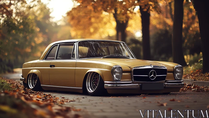 Lowered classic Mercedes coupe parked on leaf-covered autumn lane