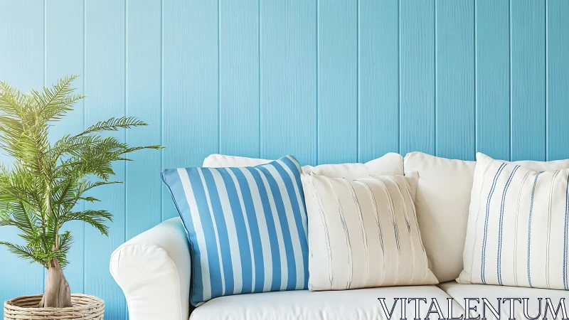 White sofa with striped cushions set against blue paneled wall