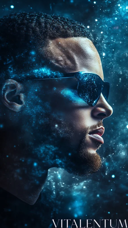 Profile portrait integrates with blue cosmic particle field