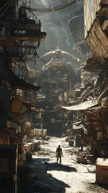 Lone scavenger strolls beneath rusted starship canyons