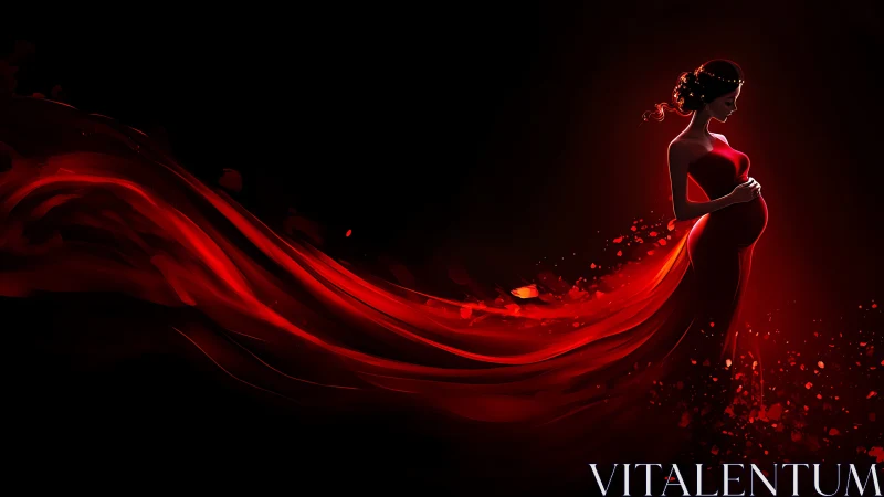 Radiant Woman in Red Gown Against Dark Backdrop.