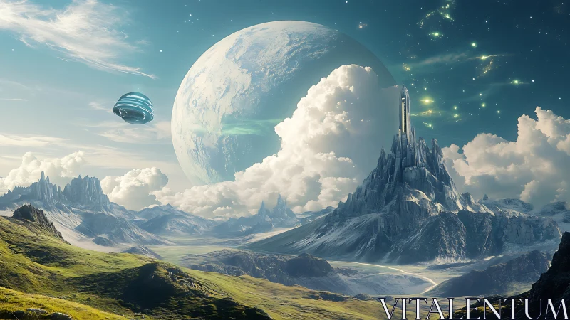 Dreamy alien skyline with misty mountains and bright planet.