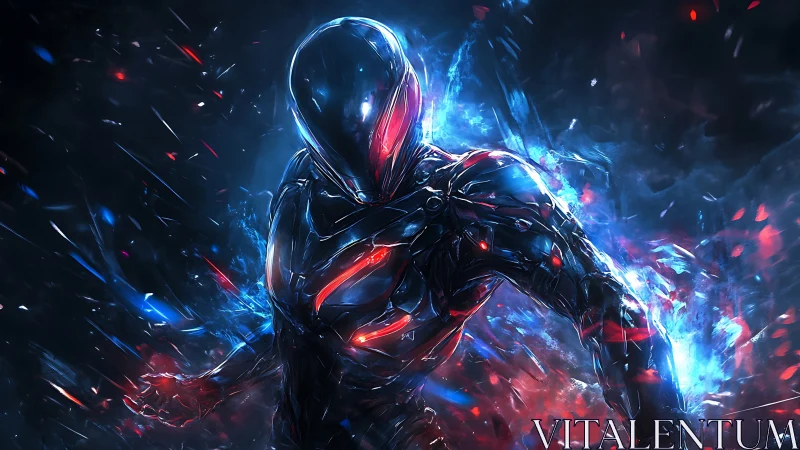 Cybernetic combat exosuit in luminous particle eruption.