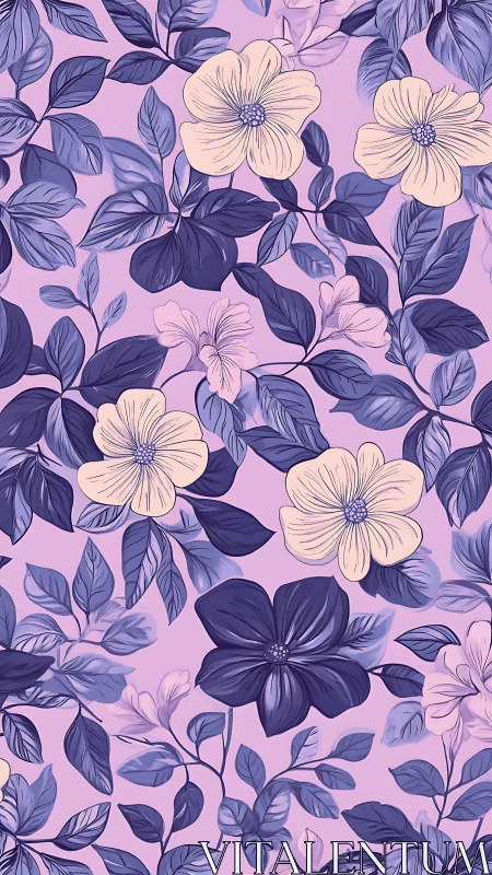 Floral Pattern with Blue and Cream Flowers on Pink Background