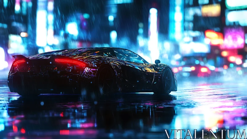 Sleek supercar glides through neon city streets in rain