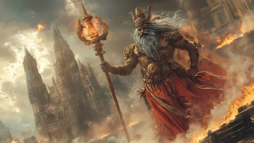 Colossal mythic warlord traversing incendiary ruined citadel.