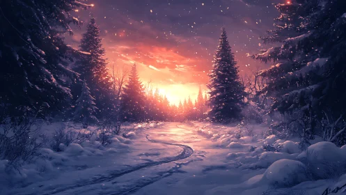 Digital painting of luminous winter forest path at dusk.