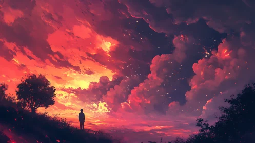 Solitary figure watches blazing crimson clouds ignite dusk