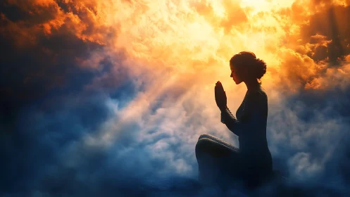 Soft sunrise sky welcomes a peaceful woman in quiet prayer