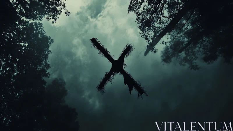 Cinematic forest sky with tattered wooden X silhouette composition.