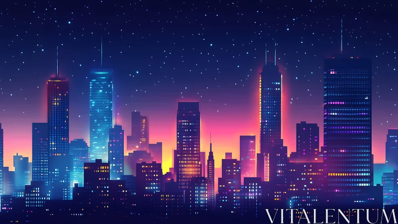 Neon city skyline glows softly under a calm, starry night