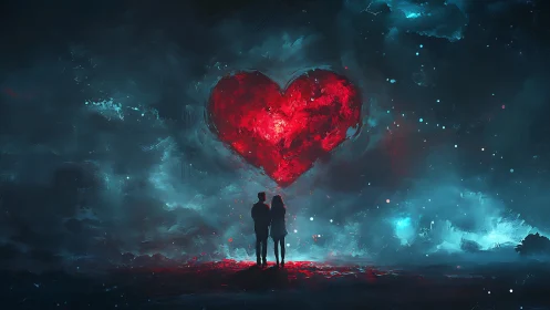 Two figures stand beneath glowing red heart in dark cosmic environment.